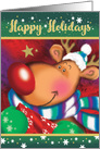 Happy Holidays card. A cute deer with a huge red nose holding a gift card