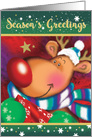 Season’s Greetings. Cute Deer with Huge Red Nose holding a Gift card