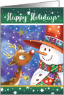 Happy Holidays, Cute, Big Eyed Deer, Smiles at Jolly Snowman card