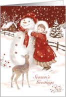 Season’s Greetings. Deer watches Child make Snowman, Vintage card