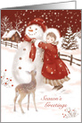 Season’s Greetings. Deer watches Child make Snowman, Vintage card