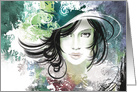 Fine Art Painting. Beautiful Woman’s face in Abstract Green Hat card