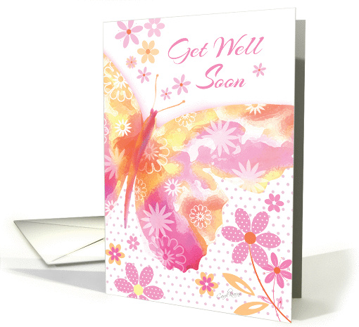 Get Well Soon - Decorative Butterfly in shades of pink and lemon card