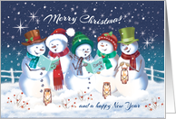 Christmas, New Year, 5 Happy Snowmen Carol Singing card