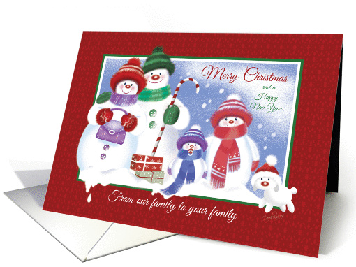 Christmas Family to Family. Cute Snowman Family with Snow Puppy. card