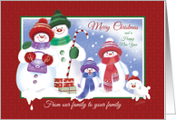 Christmas Family to Family. Cute Snowman Family with Snow Puppy. card