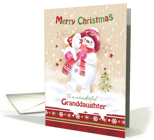 Christmas Granddaughter. Cute Snow Child Hugging her Snow Puppy. card