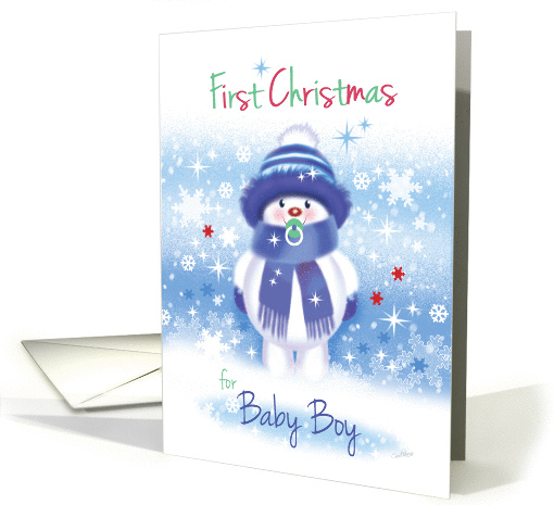 First Christmas Baby Boy - Cute Snow Baby sucking pacifier. card