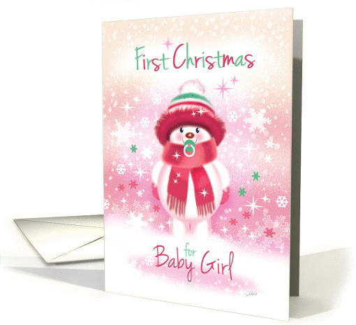 First Christmas Baby Girl - Cute Snow Baby sucking Pacifier. card