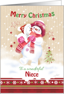 Christmas for Niece. Cute Snow Child Hugging her Snow Puppy. card