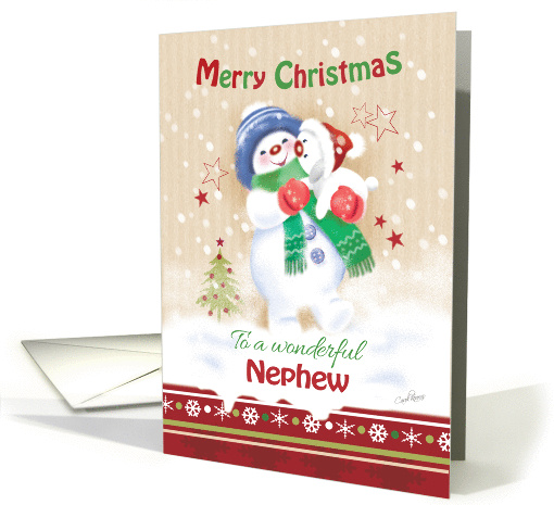 Christmas for Nephew. Cute Snow Child Hugging his Snow Puppy. card