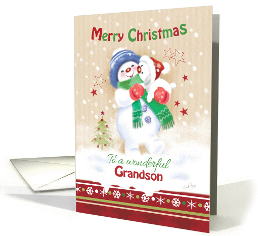 Christmas for Grandson. Cute Snow Child Hugging his Snow Puppy. card