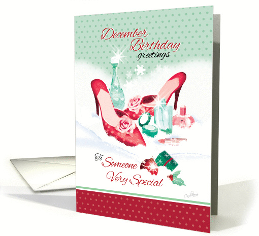 December Birthday. Red Ladies Shoes with Perfume in the Snow. card