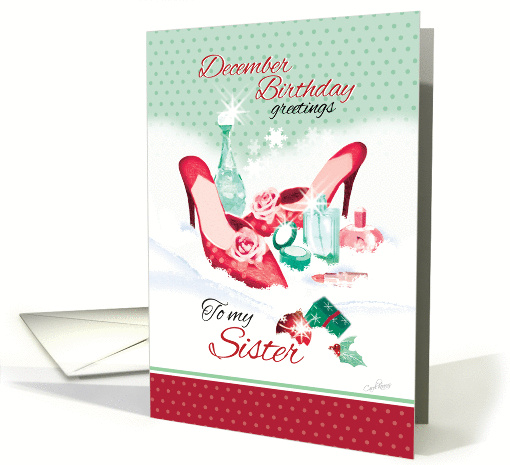 December Birthday Sister. Ladies Shoes with Perfume in the Snow. card
