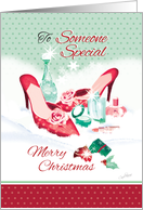 Christmas Someone Special. Ladies Red Shoes with Perfume in Snow. card