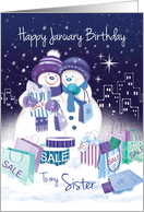 Sister Birthday in January. Two Snow Women Happily Shop in the City. card