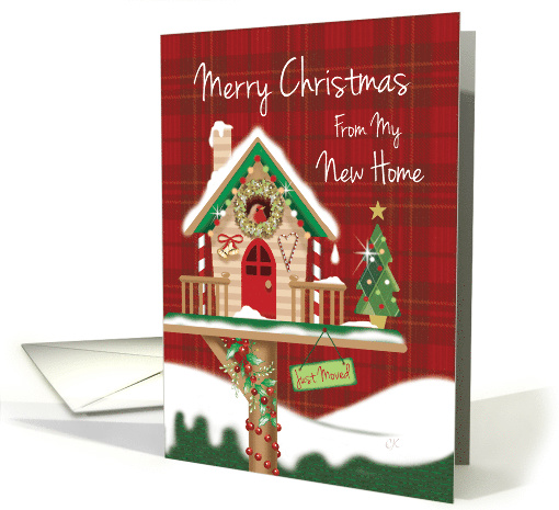 Christmas I've Moved. Cute Festive Birdhouse with Robin. card