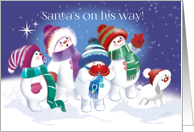 Christmas for Kids. Cute Snow Children and Puppy see Santa in the Sky. card