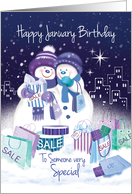 Birthday in January. Two Snow Women Happily Shopping in the City. card