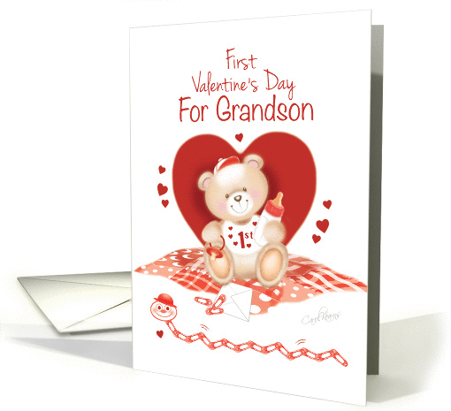 Grandson's First Valentine's Day -Teddy Sitting against Red Heart card