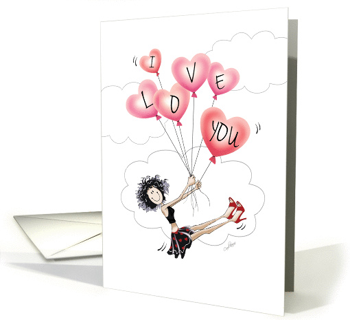 Valentine's Day, I Love You - Funny Girl Floating With Balloons card
