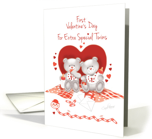 Twins First Valentine's Day - 2 Teddy Bears Sit Against Red Heart card