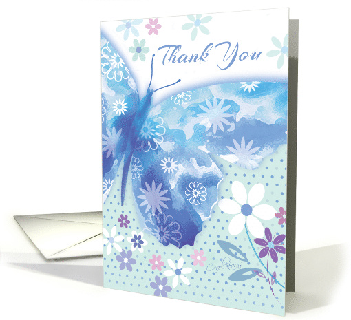 Thank You Blue Decorative Butterfly with Flowers Blank card (1216526)