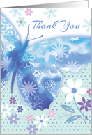 Thank You Blue Decorative Butterfly with Flowers Blank card