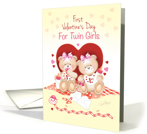 Twin Girls First Valentine's Day -2 Cute Teddies Sit... (1218412)