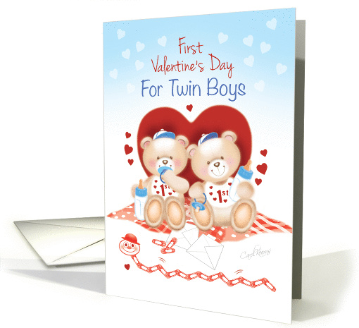 Twin Boys First Valentine's Day -2 Cute Teddies Sit... (1218416)
