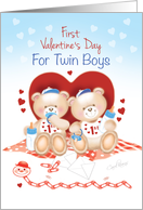 Twin Boys First Valentine’s Day -2 Cute Teddies Sit Against Red Heart card
