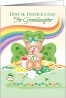 Granddaughter’s 1st St. Patrick’s Day Teddy Sitting against Shamrock card