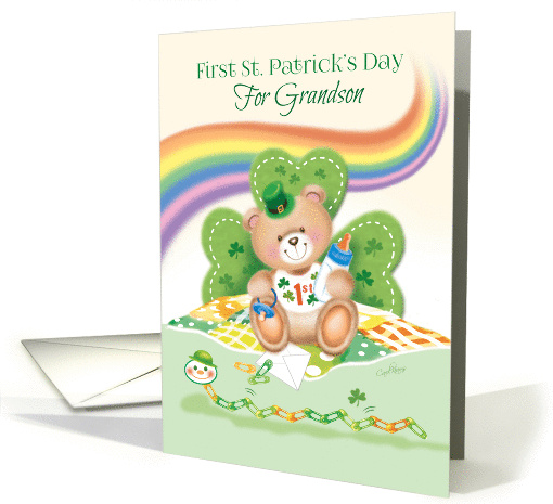 Grandson's 1st St. Patrick's Day -Teddy Sitting against Shamrock card