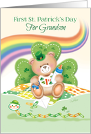 Grandson’s 1st St. Patrick’s Day -Teddy Sitting against Shamrock card