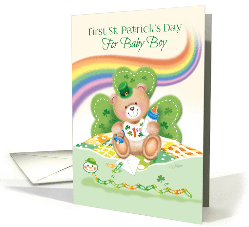 1st St. Patrick's Day Baby Boy -Teddy Sitting against Shamrock card