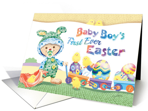 Baby Boy's 1st Easter - Woolly Baby Bunny with Chicks and Eggs card