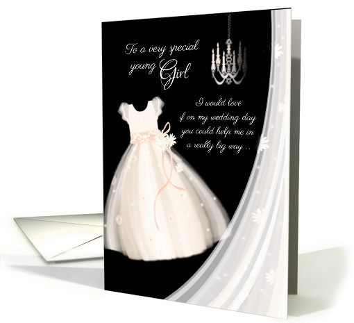 Flower Girl Request - Cute Girl's Dress with Chandelier and Veil card
