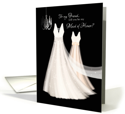 Maid of Honor Request to Friend - 2 Cream Dresses with Chandelier card