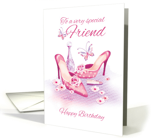 Birthday for Friend - Ladies Pink Shoes with Perfume and lipstick card
