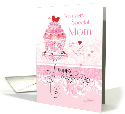 Mother's Day, Mom - Pink Cupcake on Stand with Lace - Effect card
