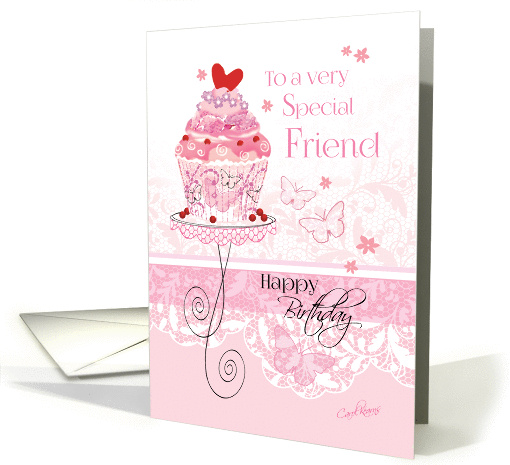 Birthday for Friend - Pink Cupcake on Stand with Lace - Effect card