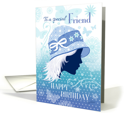 Birthday for Special Friend - Silhouetted Female Face in Blue Hat card
