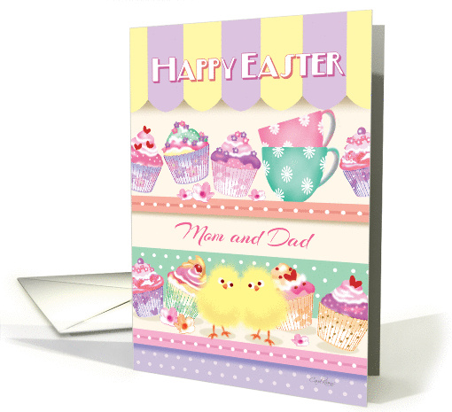 Mom and Dad, Happy Easter - Cupcakes on Shelves with 2 Chicks card