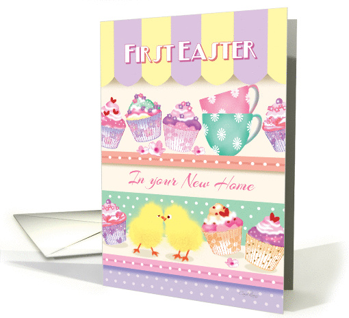 New Home, First Easter - Cupcakes on Shelves with 2 Baby Chicks card