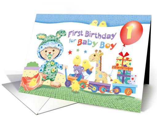 1st Birthday, Baby Boy - Woolly Bunny, Toy Train & Presents card