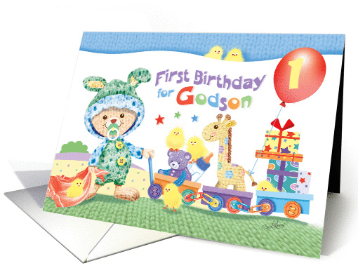 1st Birthday, Godson - Woolly Bunny, Toy Train & Presents card