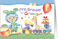 1st Birthday, Grandson - Woolly Bunny, Toy Train & Presents card