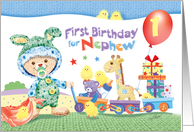 1st Birthday, Nephew - Woolly Bunny, Toy Train & Presents card