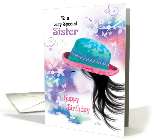 Sister, Birthday - Girl in Hat with Decorative Design card (1270214)