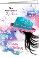 Step Sister, Birthday- Girl in Hat with Decorative Design card